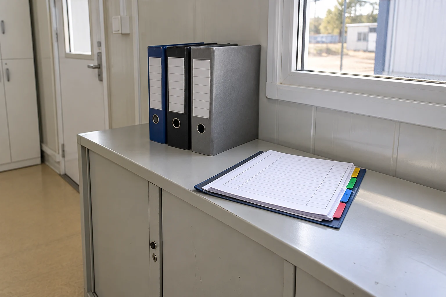 Document folders and an index sheet on a modular office cabinet