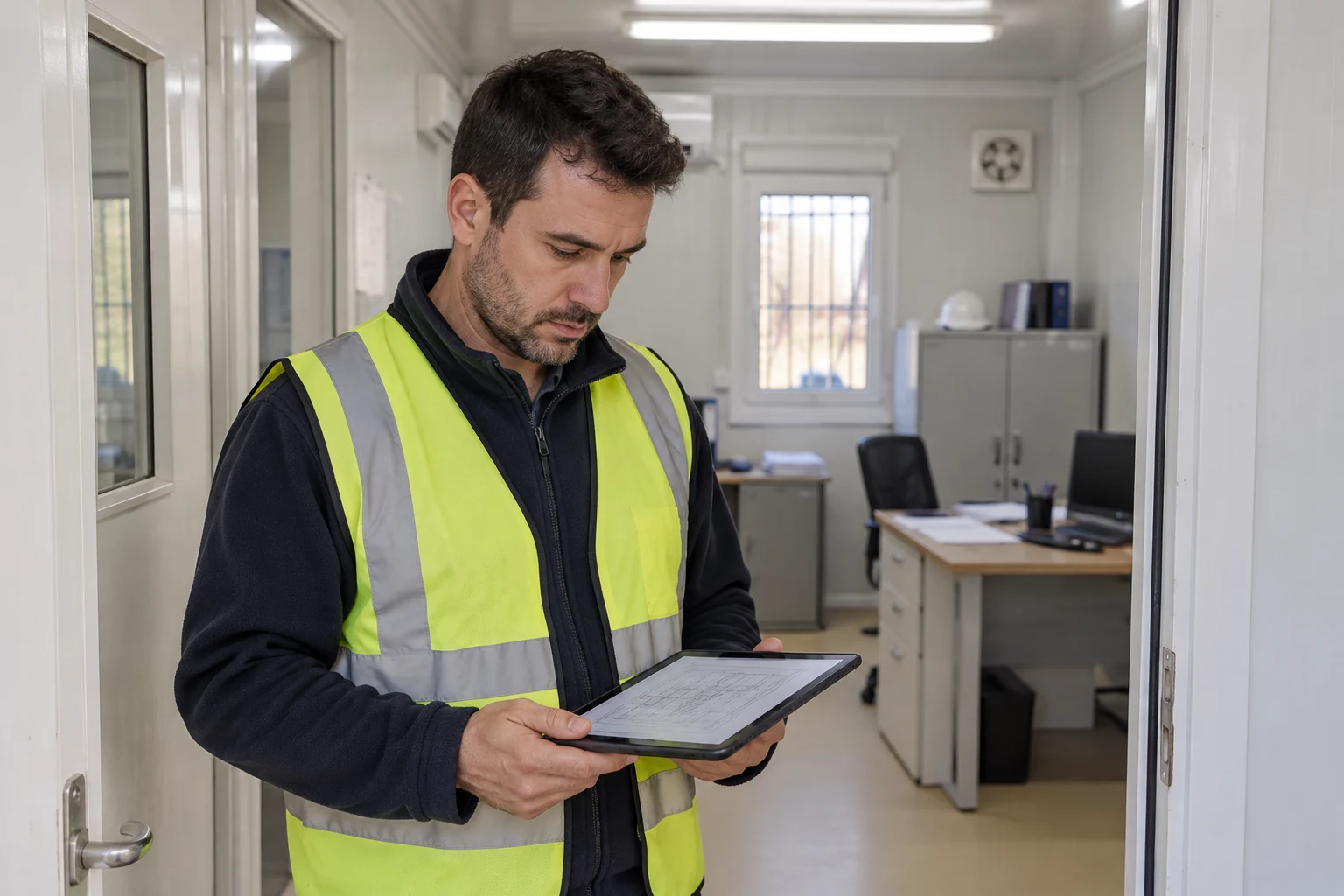 A supervisor checks a drawing on a tablet inside a modular office