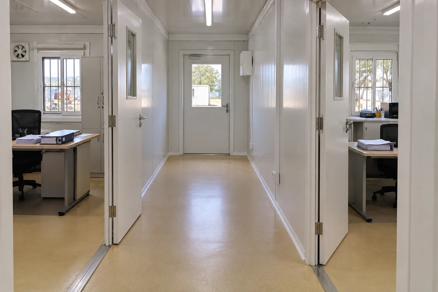 Two adjacent modular rooms viewed along a ground-level corridor
