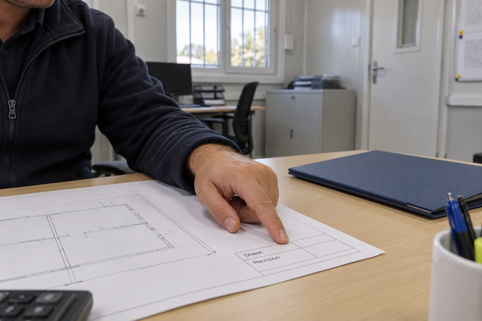 A coordinator checks the corner of a drawing sheet on a desk
