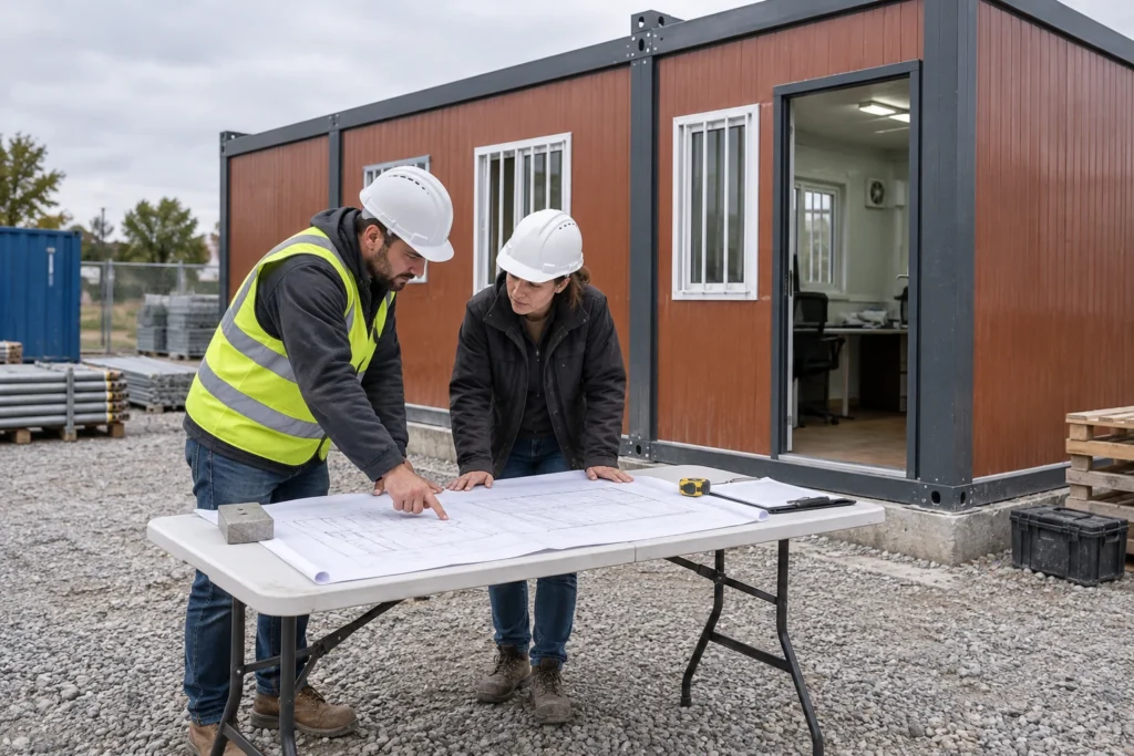 Two site coordinators review drawings beside a modular site office