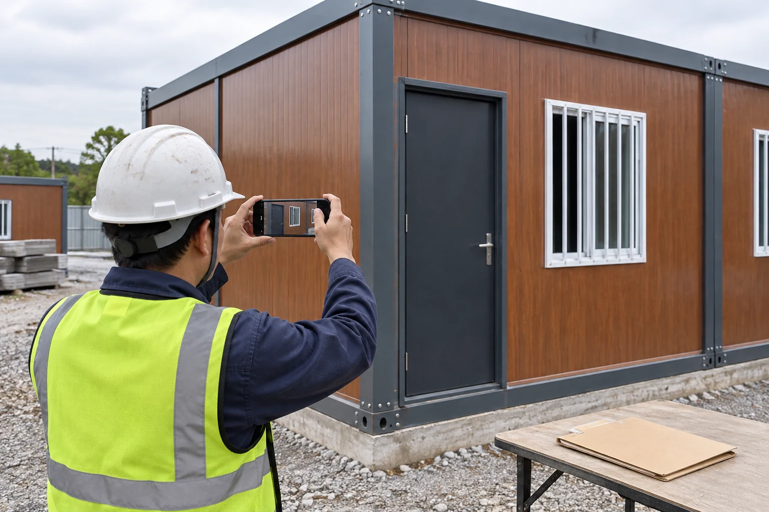 A worker photographs a doorway while checking a drawing folder
