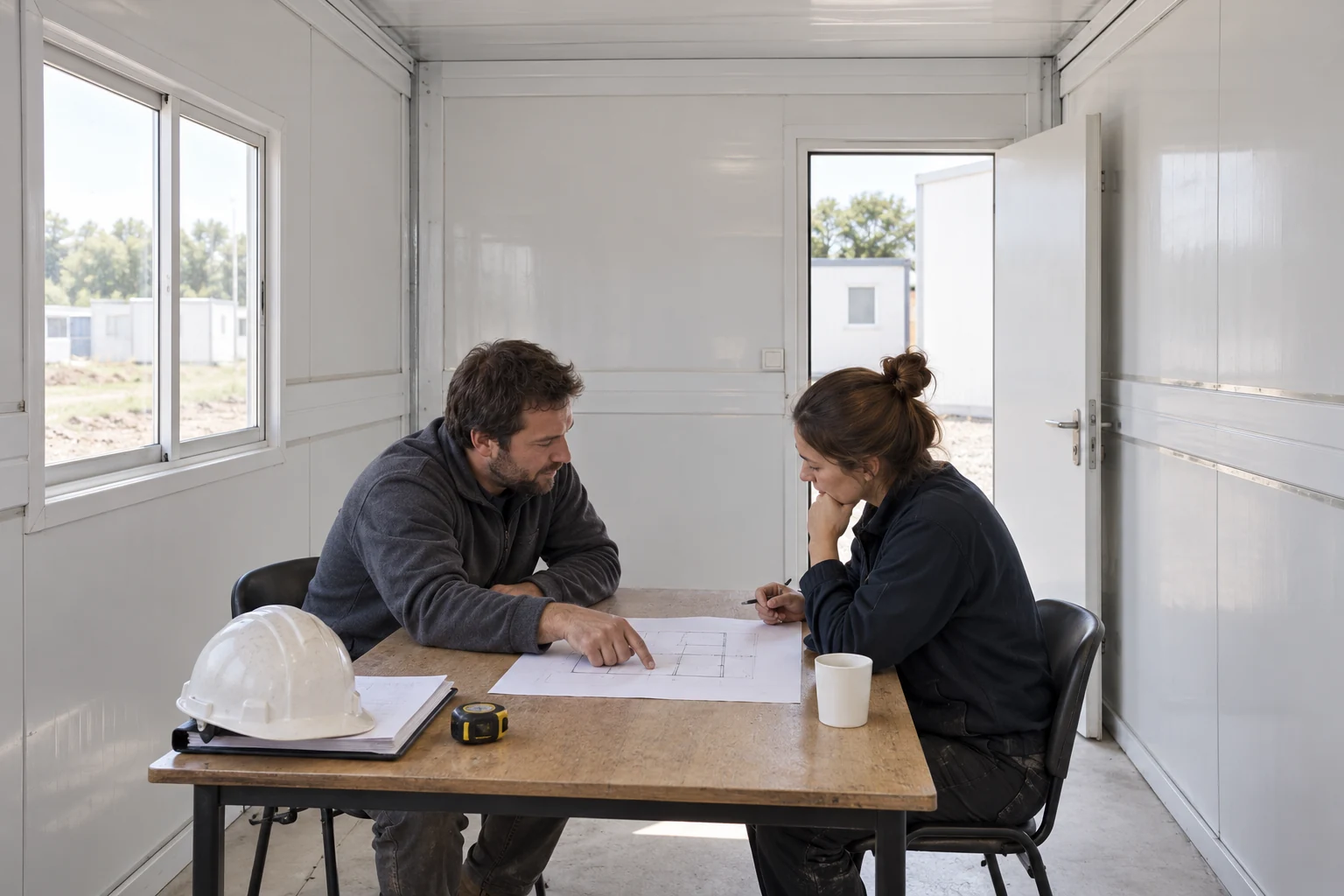 Two colleagues discussing room access at an office table