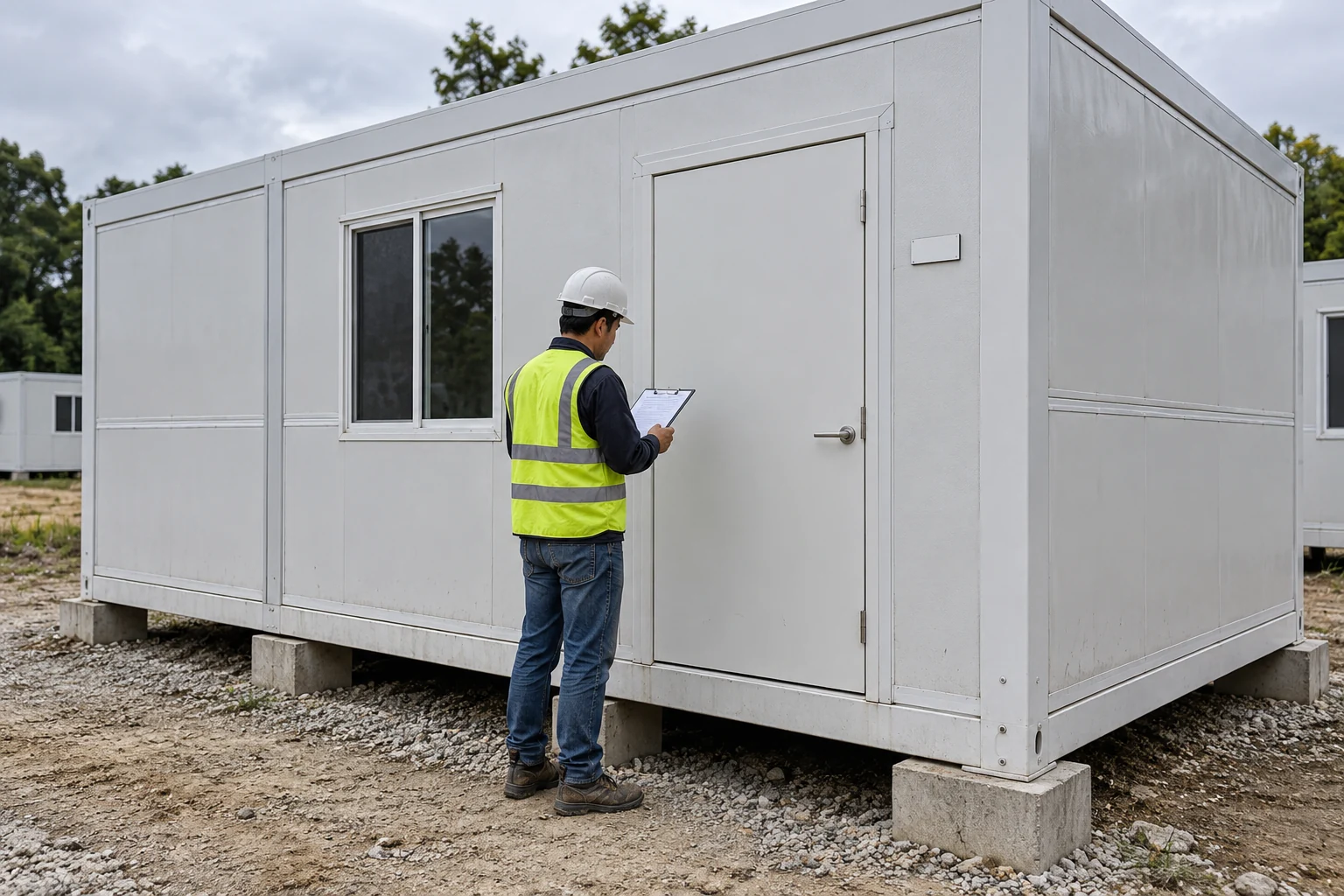 Staff member checking a modular room entrance with a clipboard