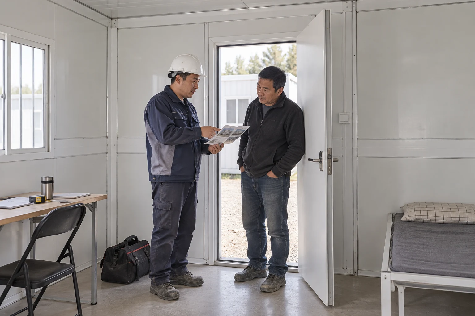 Technician and operator discussing a modular-room doorway