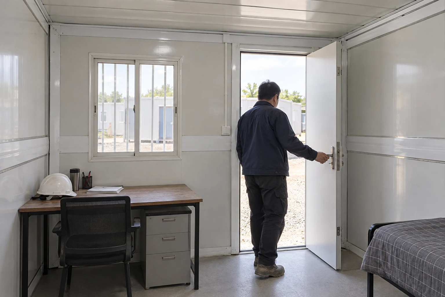 Operator checking an entrance lever from inside a modular room