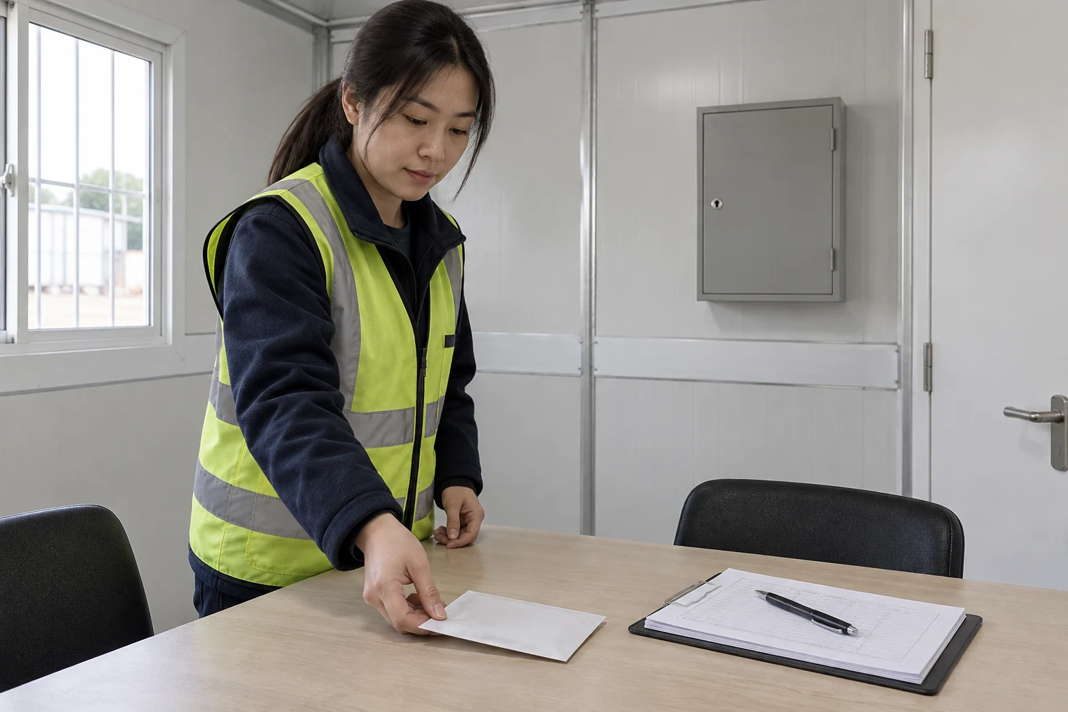 Staff member placing a key packet beside an issue record