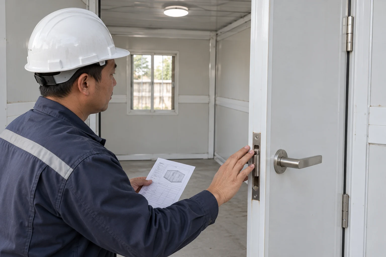 Technician inspecting a door handle and frame in a modular room