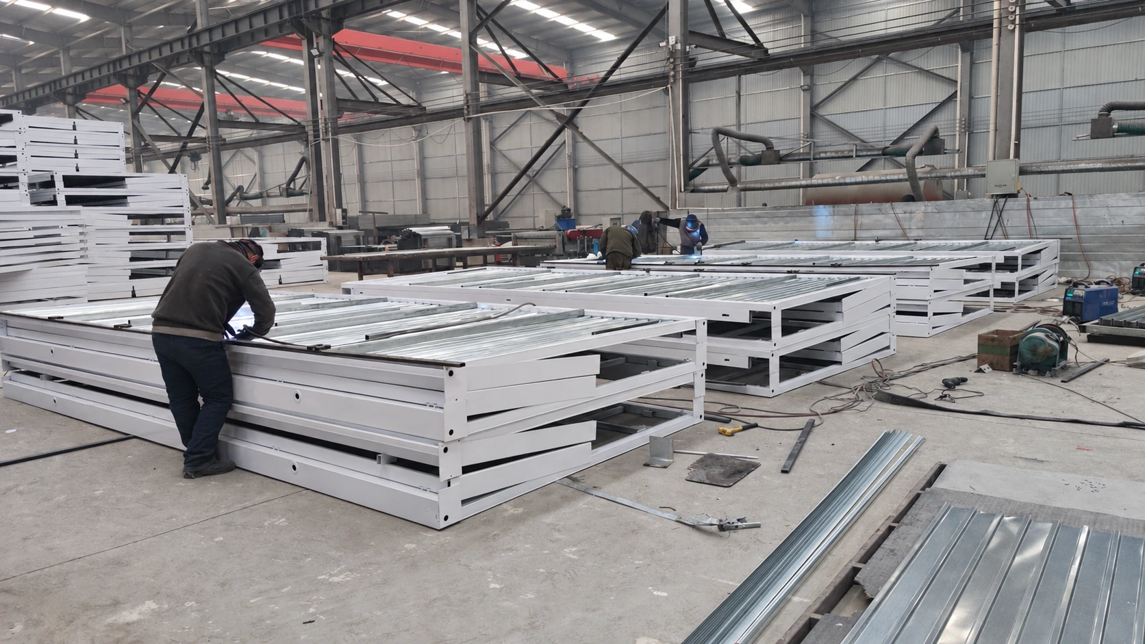 Imagen de referencia de un taller de producción que muestra marcos de habitaciones plegables apilados, paneles sueltos y un trabajador en la planta de la fábrica.