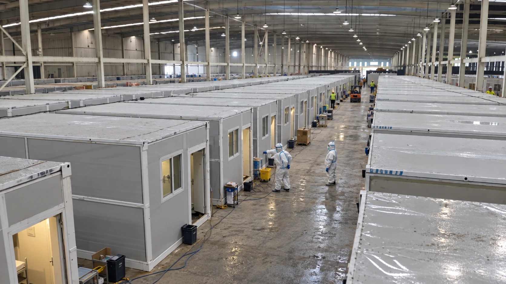 Foto de referencia de filas de habitaciones modulares grises dentro de un gran pabellón, con un pasillo central y trabajadores con monos de protección.