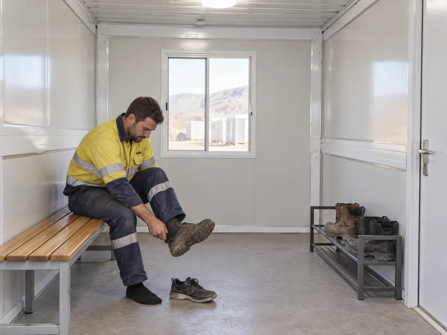 A worker seated on a bench changing footwear beside a low work-boot rack