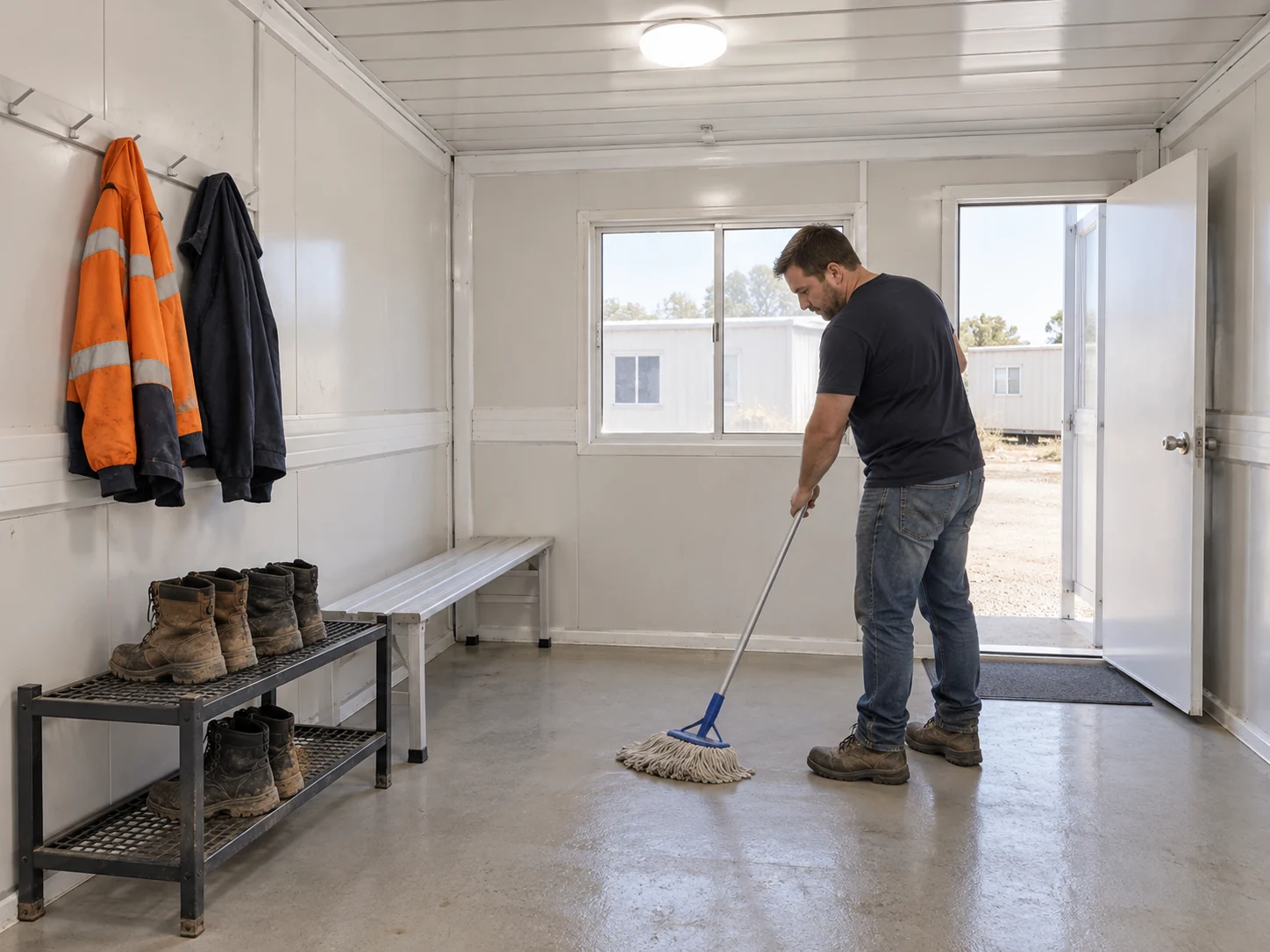 A staff member cleaning the floor beside a partly occupied boot rack in a modular changing room
