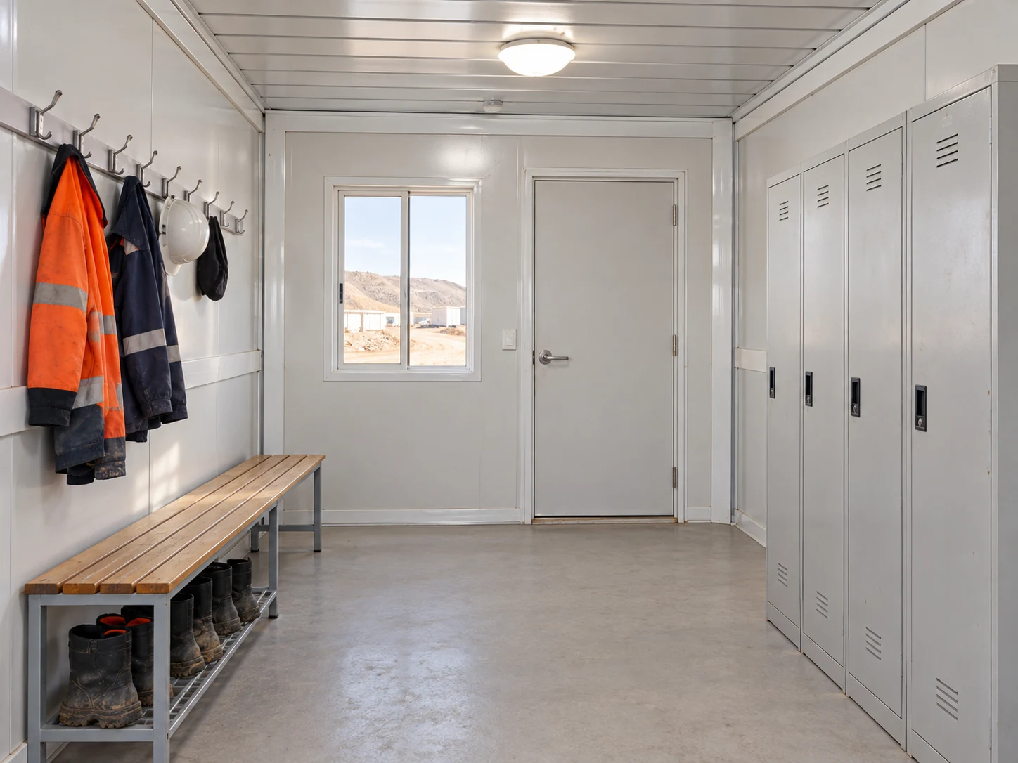 A modest changing-room interior with a bench, workwear rack, lockers and clear door access