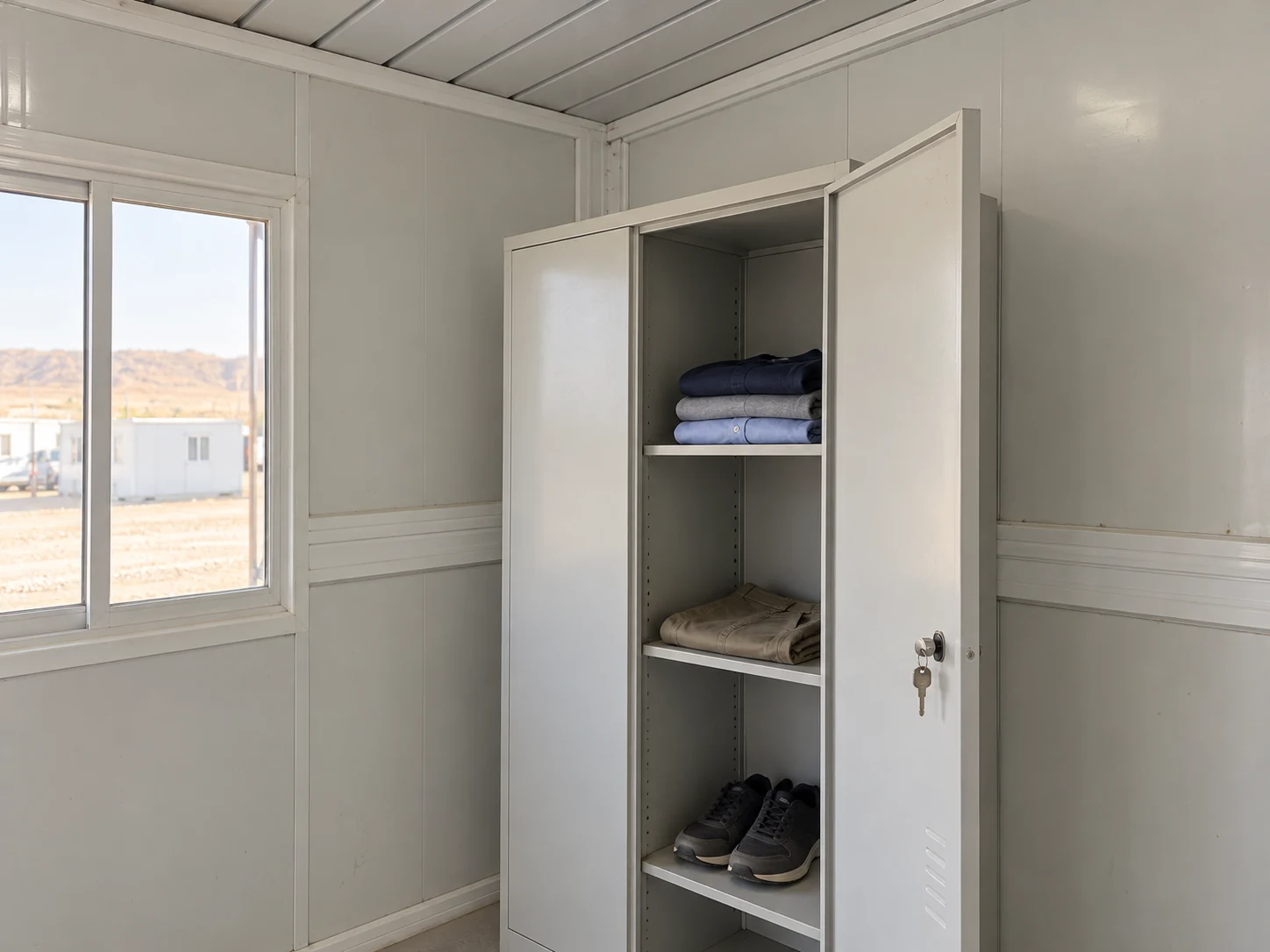 Folded everyday clothing and a pair of shoes inside a simple open cabinet in a modular changing room