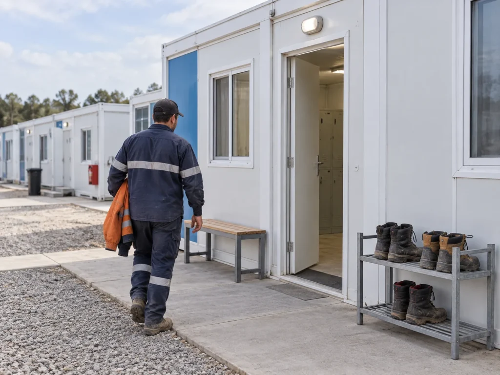 A worker carrying a jacket beside a boot-change entrance in an ordinary modular camp