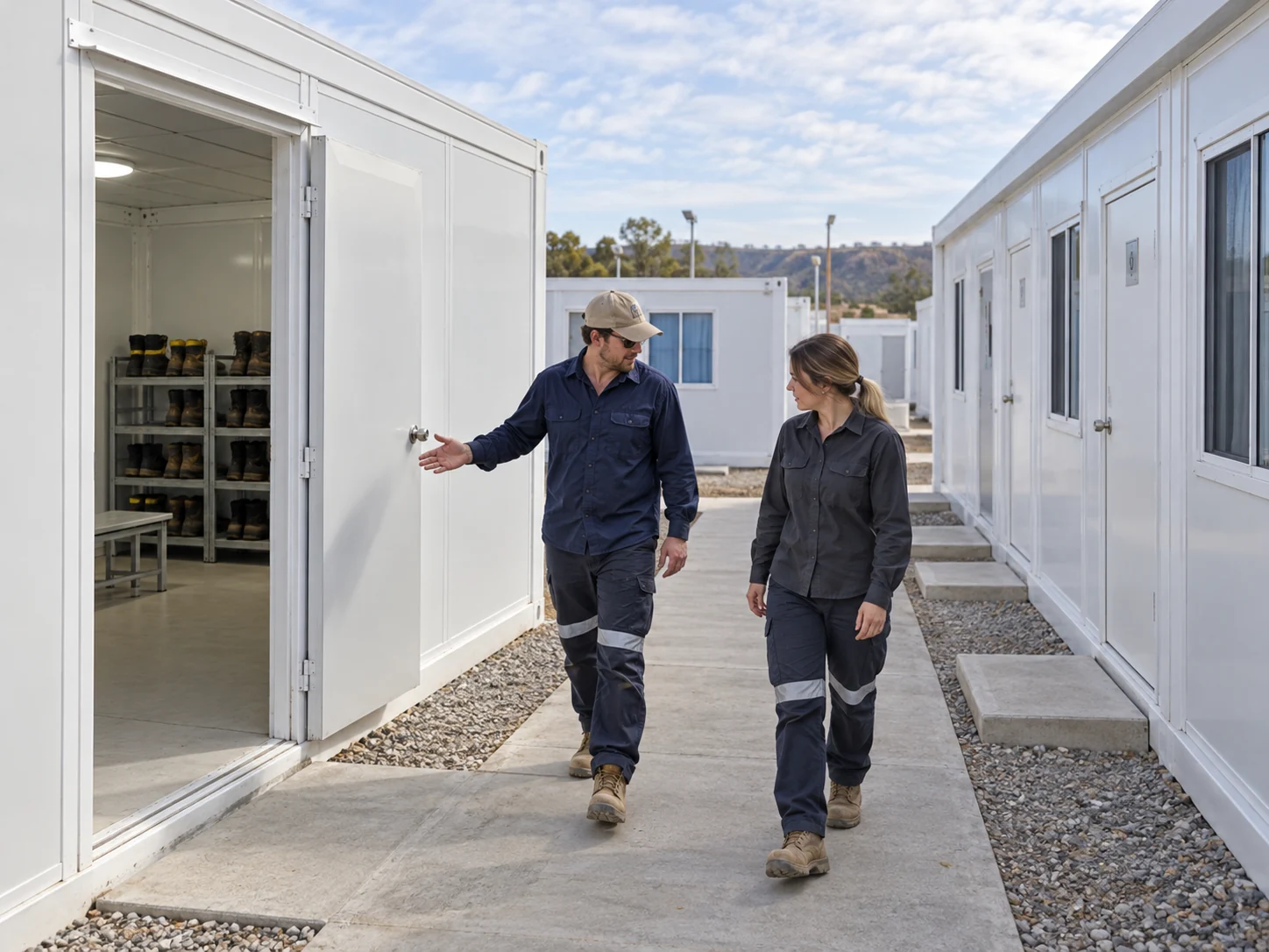 Two staff members walking between a changing module and accommodation entrances