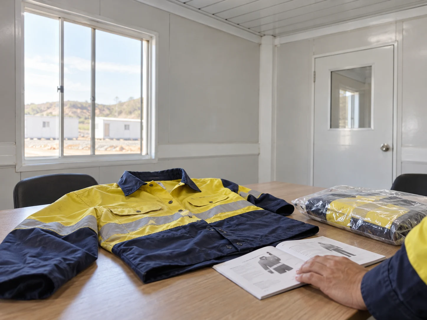 A work garment beside a closed garment package and an open booklet on a plain table