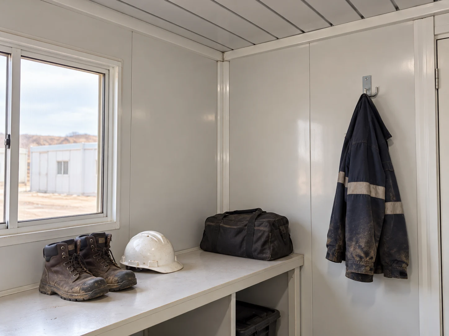 Work boots and a helmet on a plain surface beside hanging workwear in a modular changing room