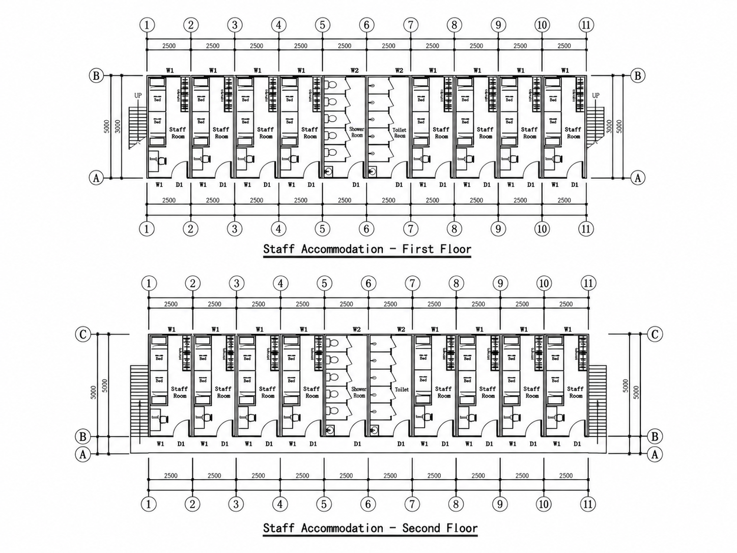 Plans des logements du personnel sur deux niveaux