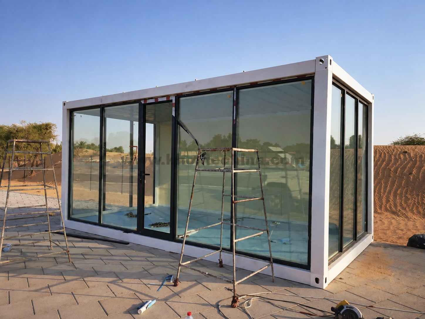 White-framed single-storey module with a broad glazed front on paving beside an unfinished installation area. Shared exterior reference.