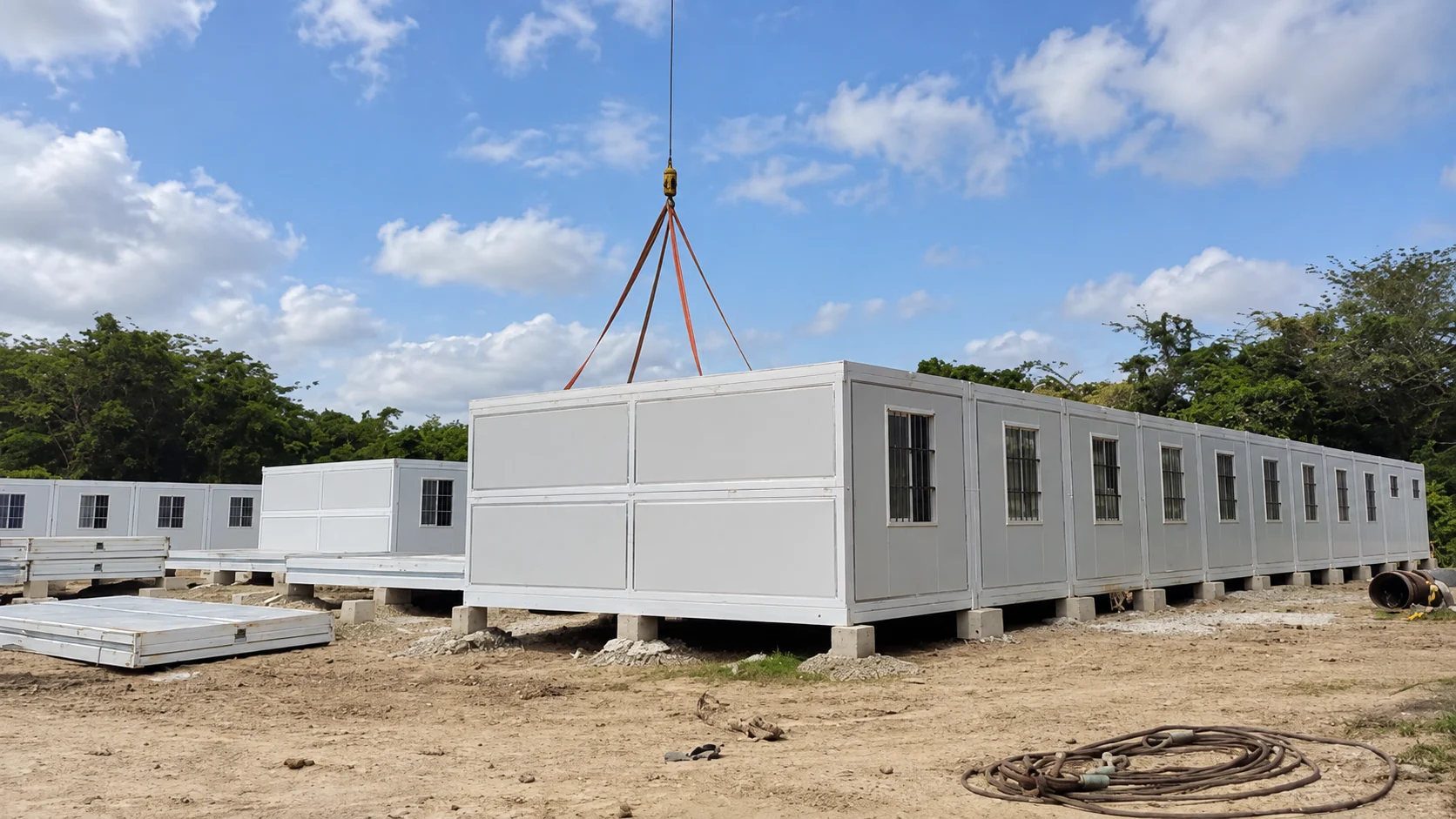 Des unités modulaires blanches sont disposées en rangée sur le site du projet aux Philippines.