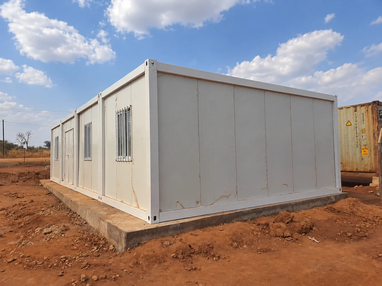 Portfólio de referência mostrando um edifício modular branco sobre uma base de concreto elevada.