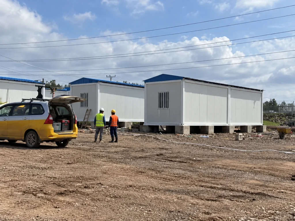 Referenzbild eines modularen Gebäudes mit erhöhten weißen Hütten und Arbeitern auf einer unfertigen Baustelle.