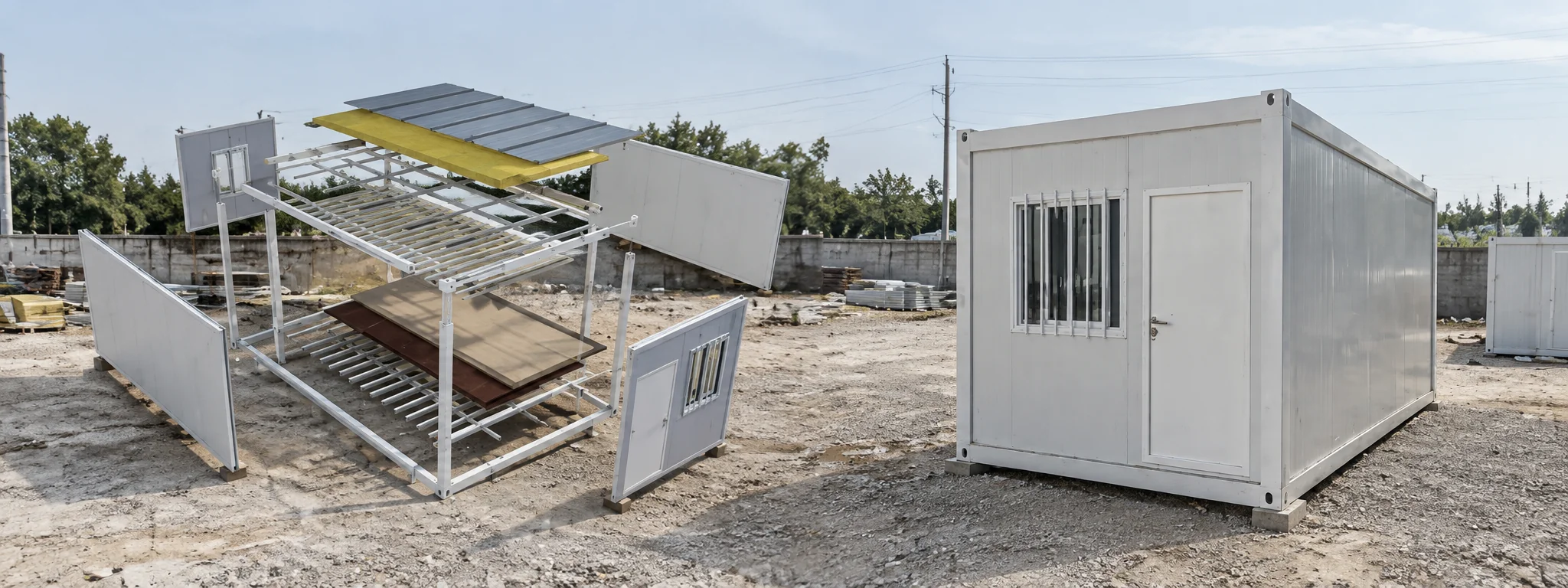 Referência de sistema construtivo mostrando um módulo montado ao lado de uma estrutura modular exposta.