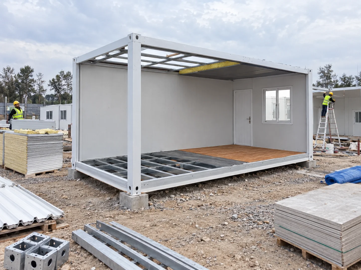 Referência de sistema construtivo mostrando uma estrutura modular com painéis de parede parcialmente instalados.