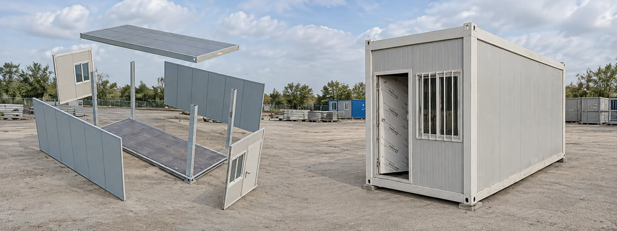 Referência de sistema construtivo mostrando uma estrutura modular aberta ao lado de um módulo montado.