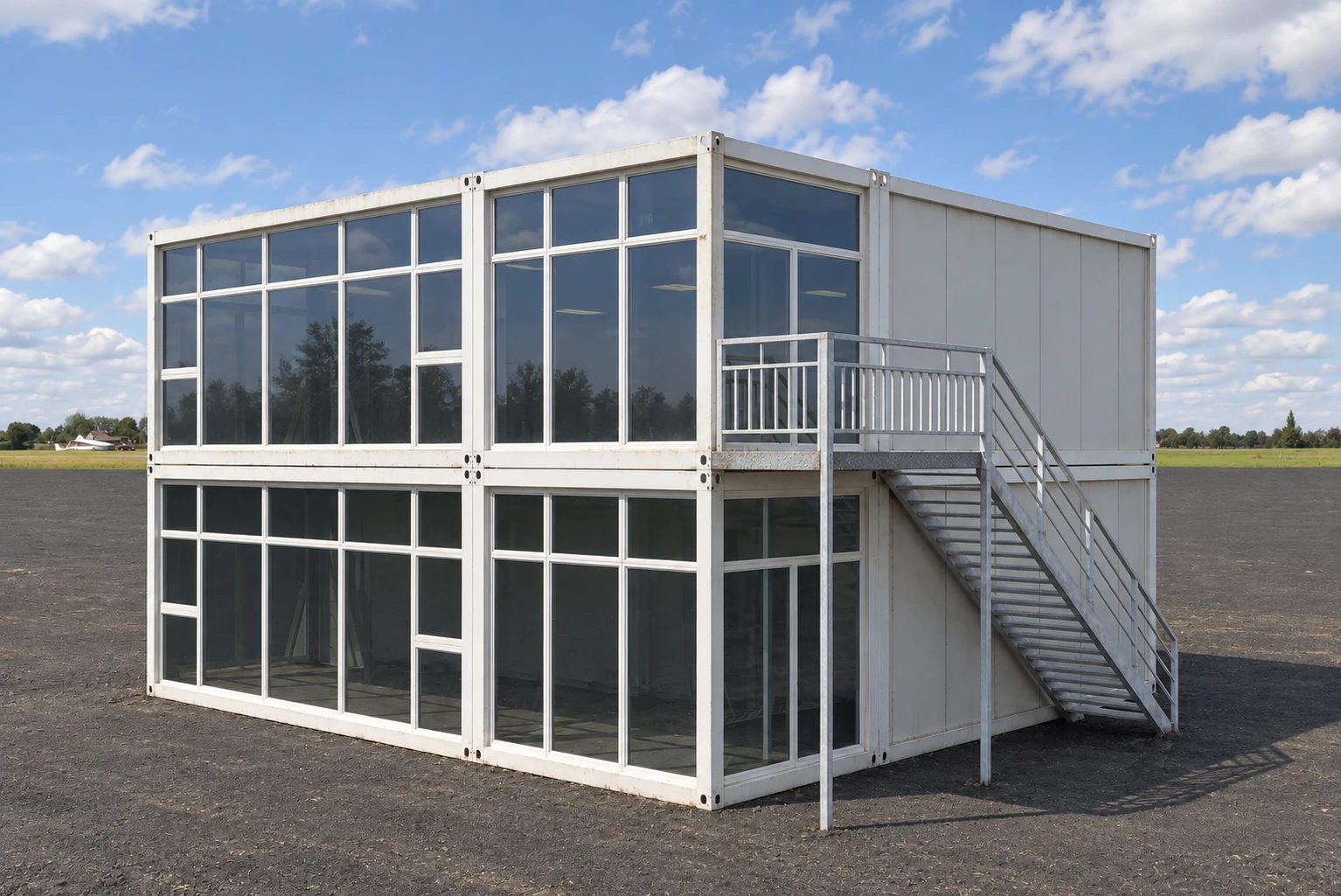 Two-storey modular arrangement with a broad glazed facade and an external steel staircase leading to an upper landing. Design reference.