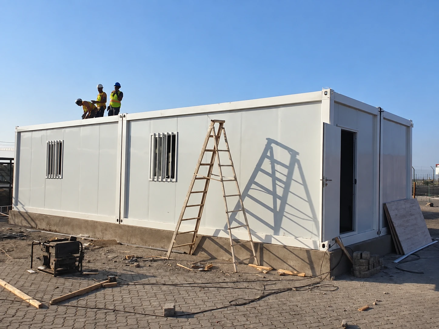 Workers on the roof of a white single-storey module with barred windows and a ladder leaning against the wall. Shared installation reference.