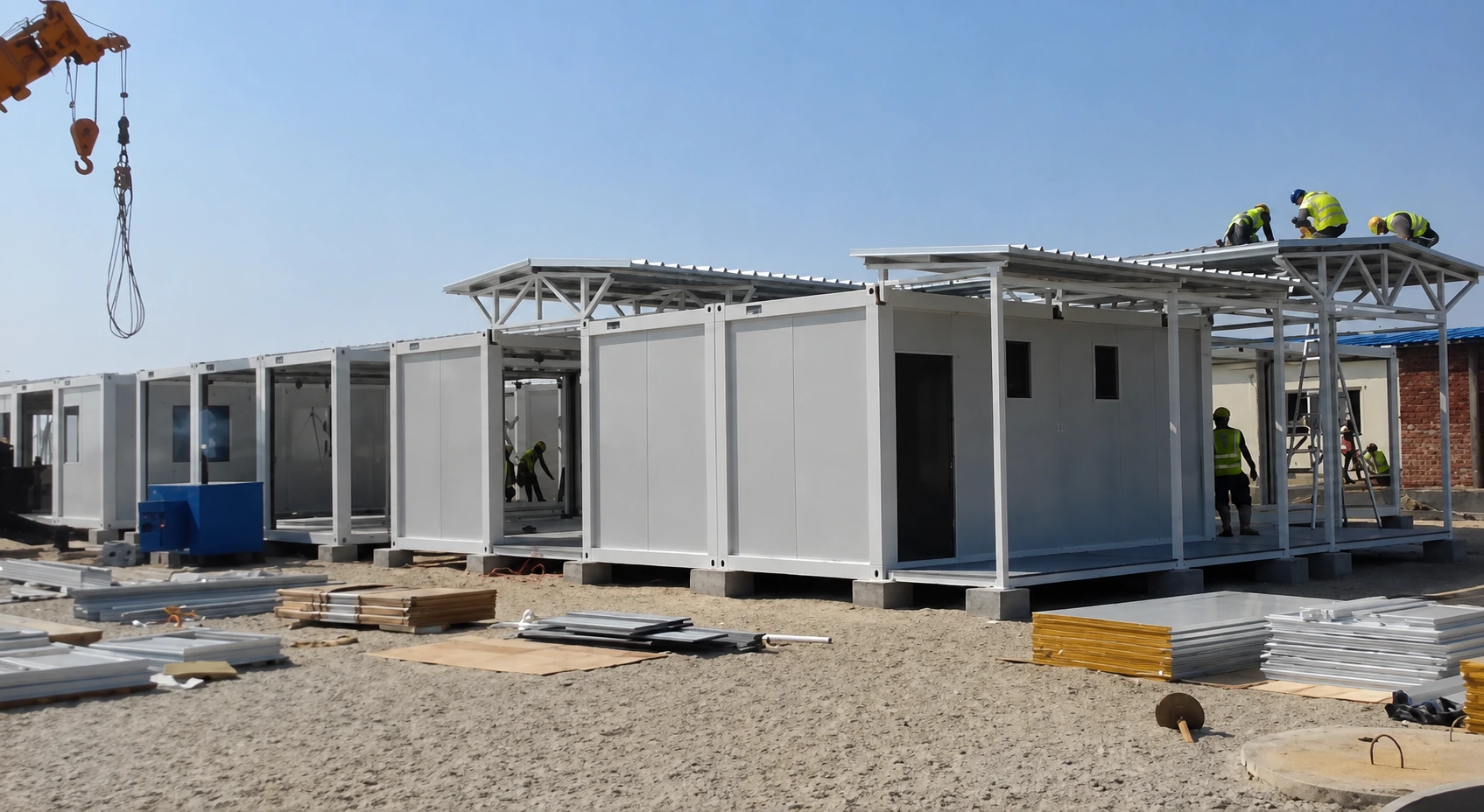 Foto de referencia de la instalación: habitaciones modulares blancas con trabajadores en la estructura del techo y un gancho de grúa sobre el área de trabajo.