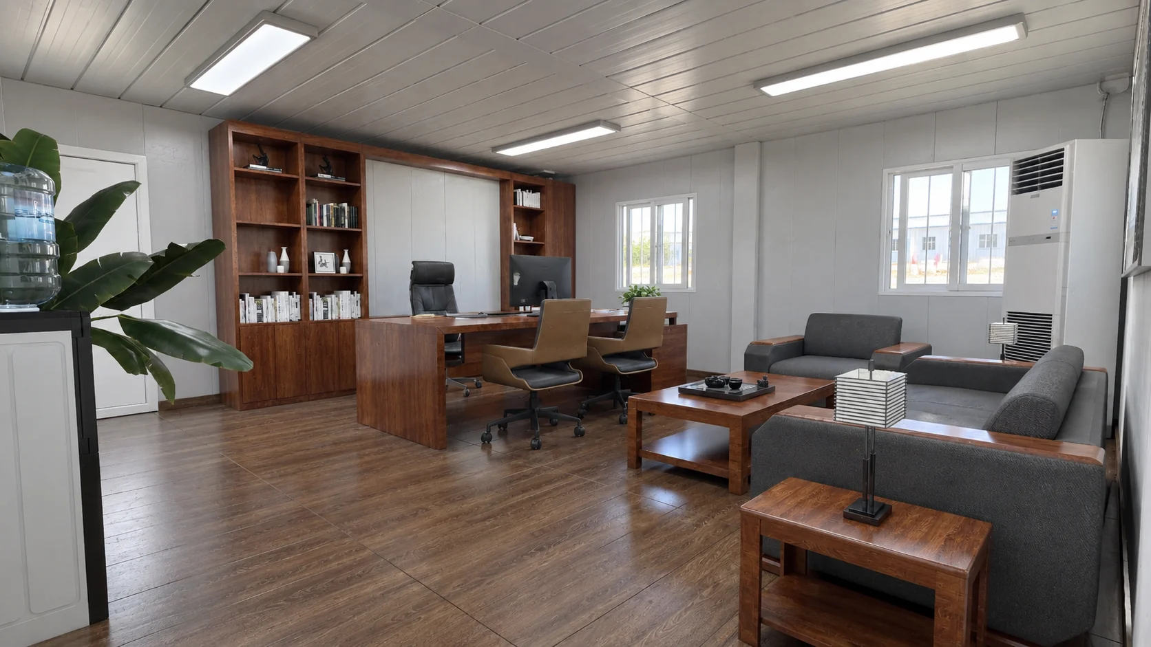 Photographie de référence d'un bureau avec un bureau en bois, des étagères, un canapé et des fauteuils.
