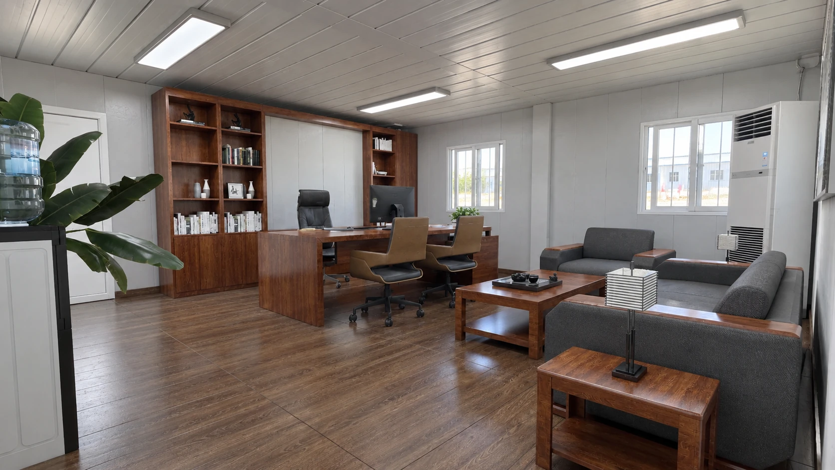 Wooden desk, shelving and sofa seating in a large panel-lined office with wood-look flooring. Shared office-layout reference.