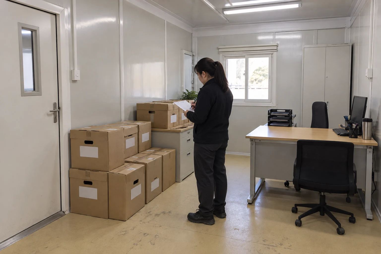 Verschlossene, beschriftete Kartons stehen neben einem Schreibtisch in einem modularen Büro bereit.