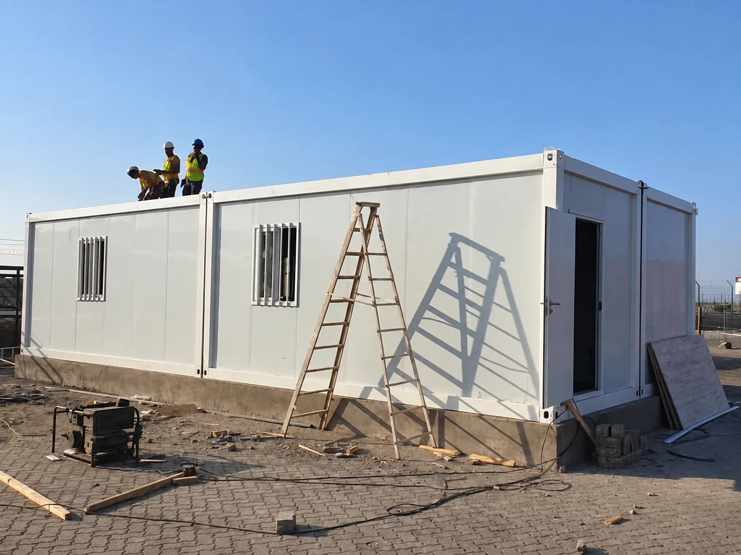 Photographie de référence d'ouvriers sur un bloc modulaire blanc avec une échelle appuyée contre le côté.