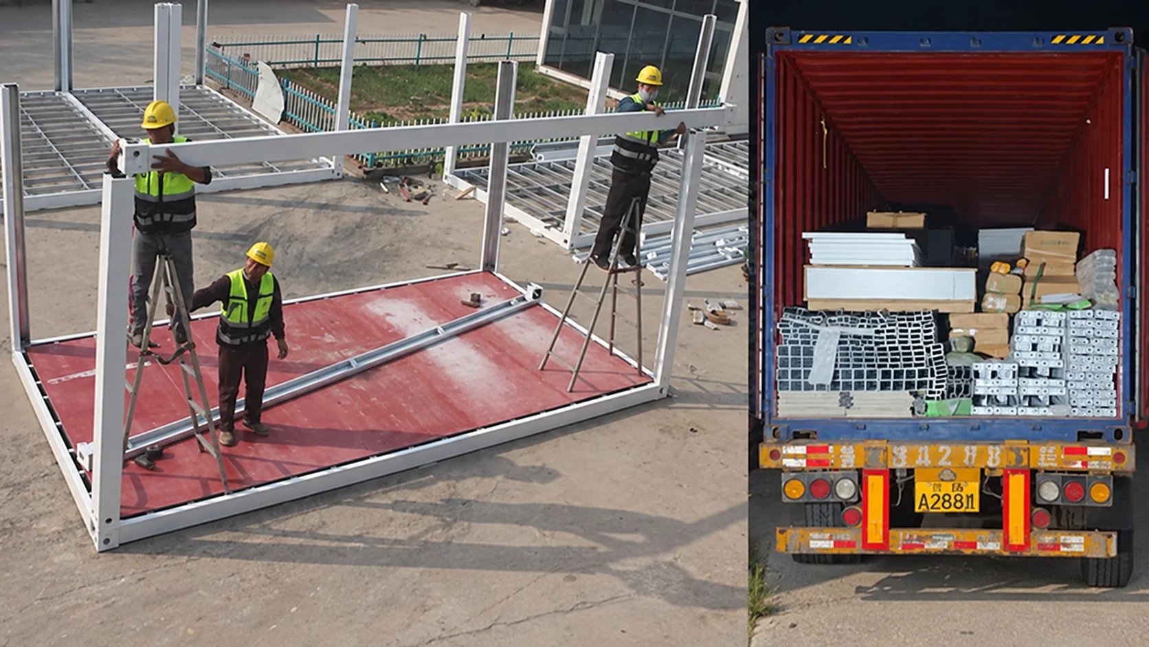 Montage- und Verpackungsreferenzcollage mit Arbeitern beim Aufbau eines Modulrahmens und eines beladenen Versandcontainers.