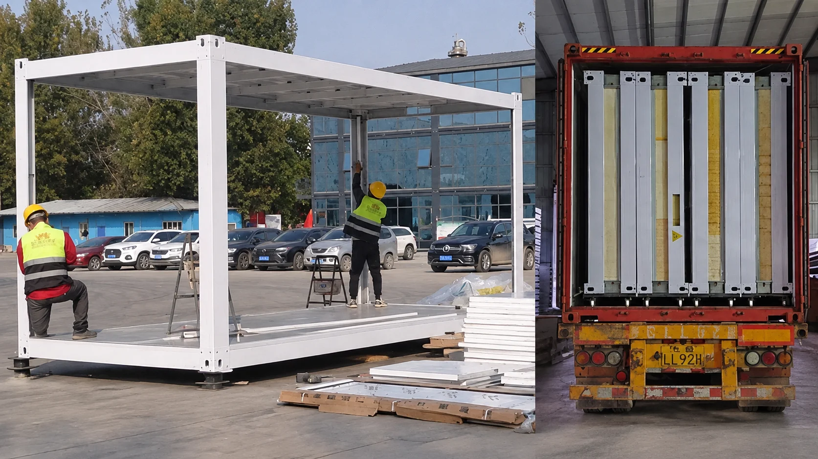 Montagereferenz mit Beschäftigten beim Positionieren eines weißen Modulrahmens neben einem beladenen Seecontainer.