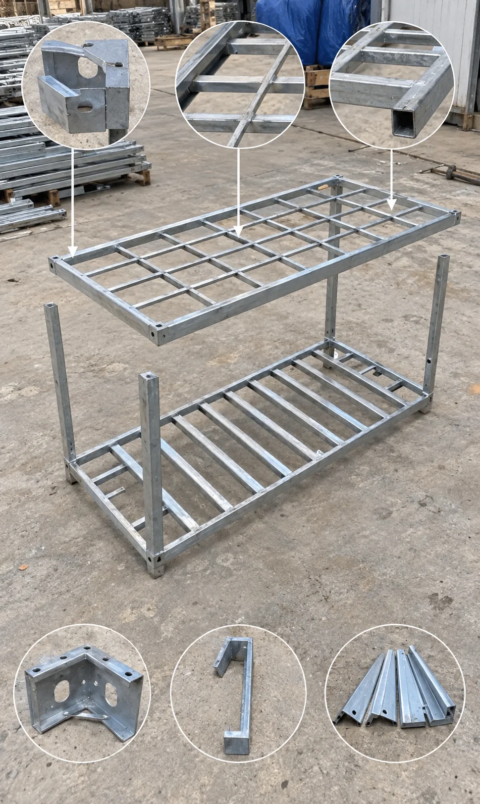Rahmenkomponenten-Referenz mit Darstellung eines modularen Rahmens mit kreisförmiger Verbindung und Profil-Nahaufnahmen.