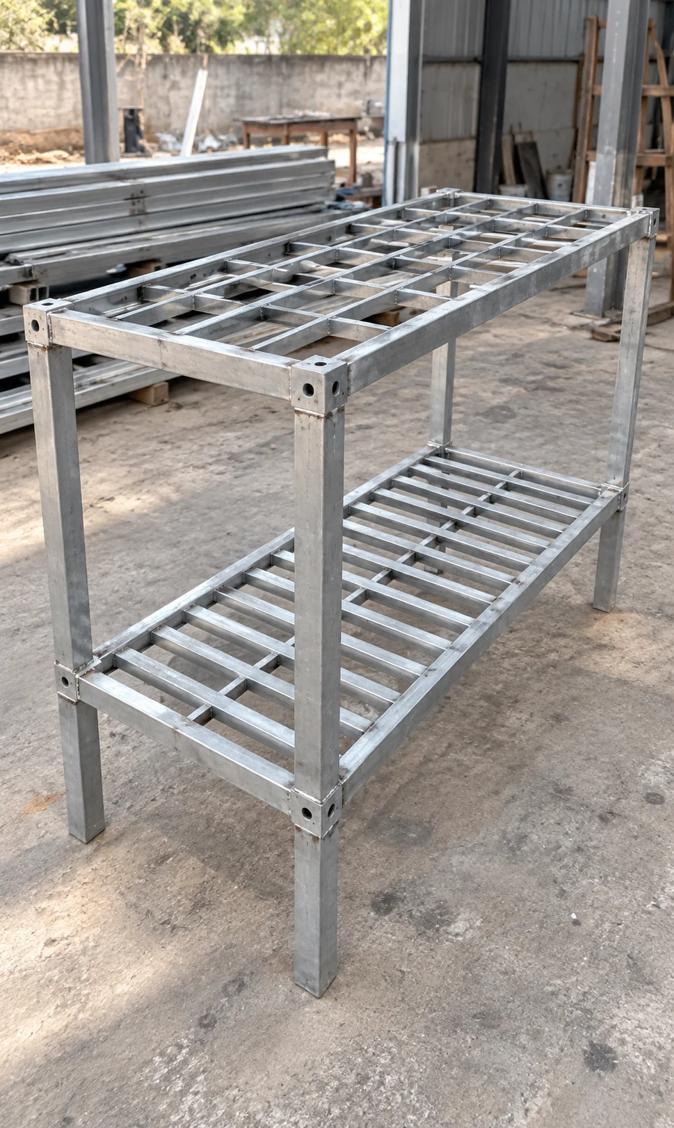 Werkstattrahmen-Referenzbild mit Darstellung von Metallboden- und Dachbalken in einer offenen modularen Rahmenkonstruktion.