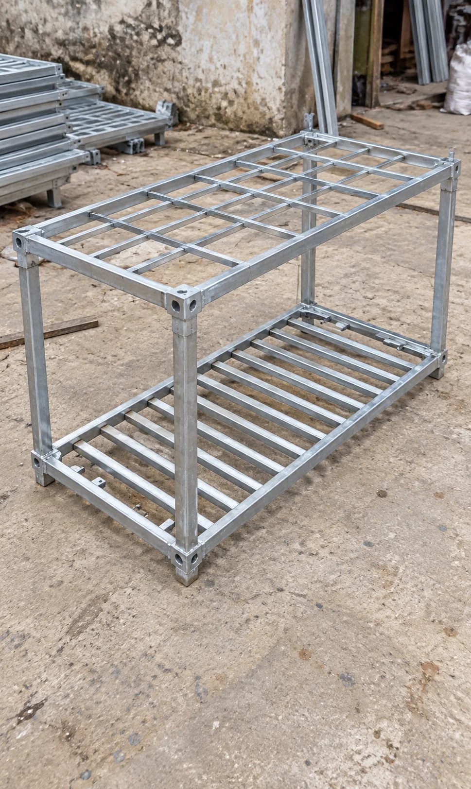 Werkstattrahmen-Referenzbild mit einem offenen modularen Metallrahmen mit Boden- und Dachbalken.