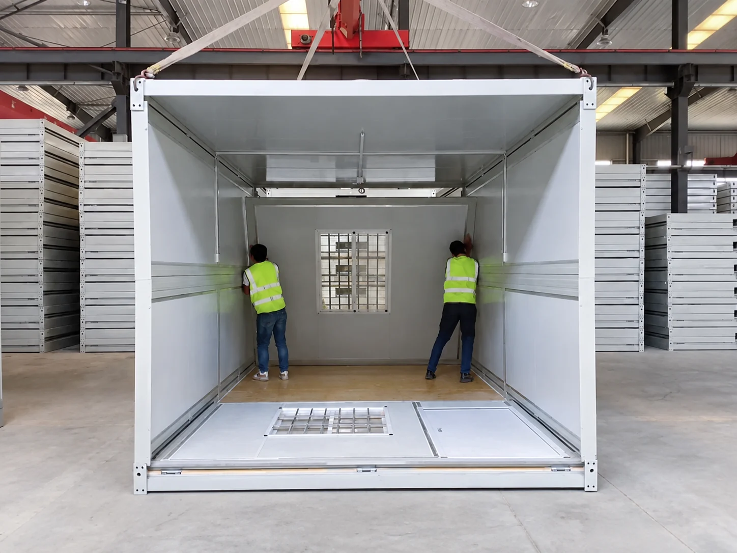 Module pliant ouvert avec un panneau mural relevé dans l'atelier