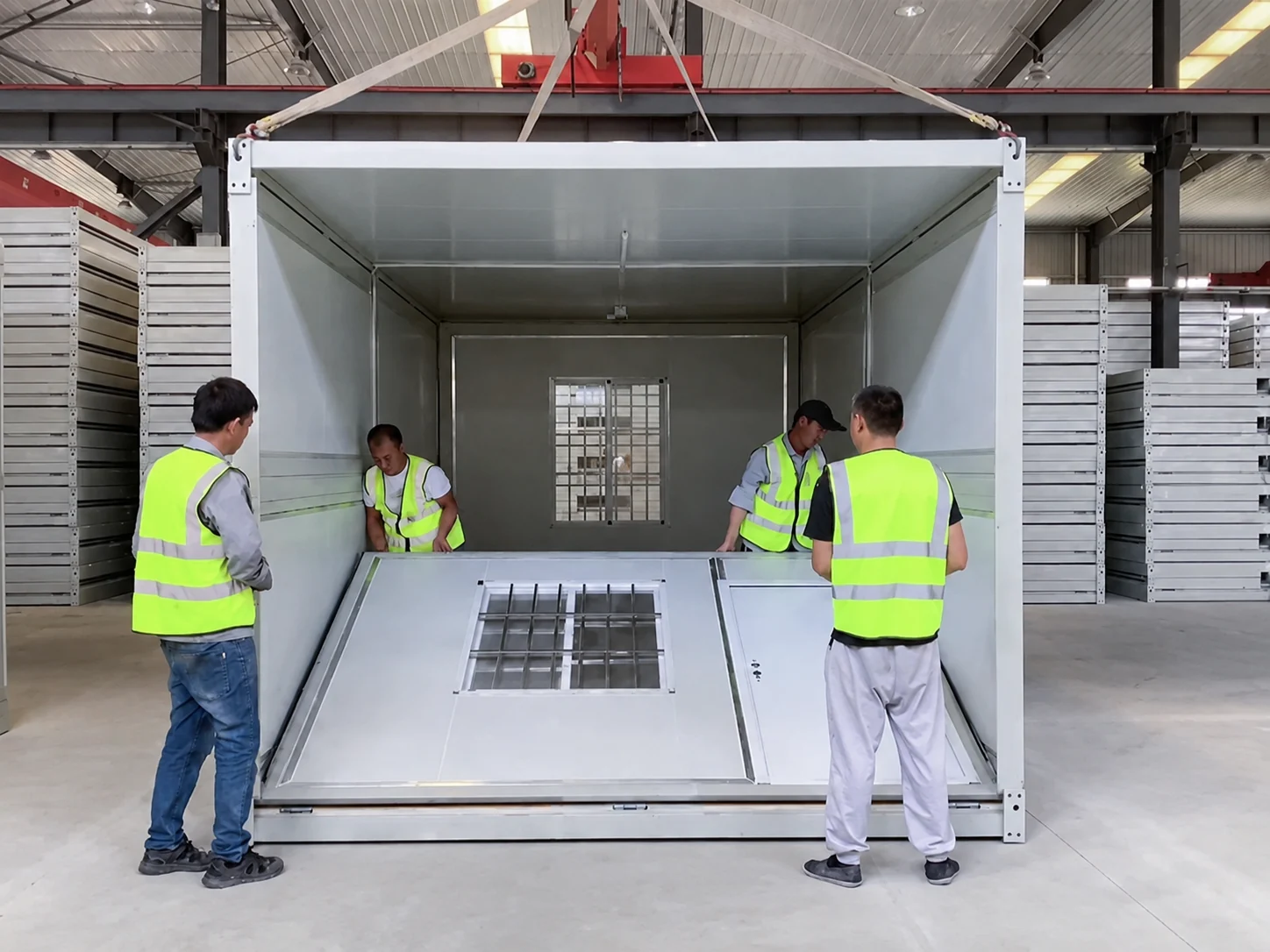 Des ouvriers installent des panneaux à l'intérieur d'un module pliable ouvert dans l'atelier.