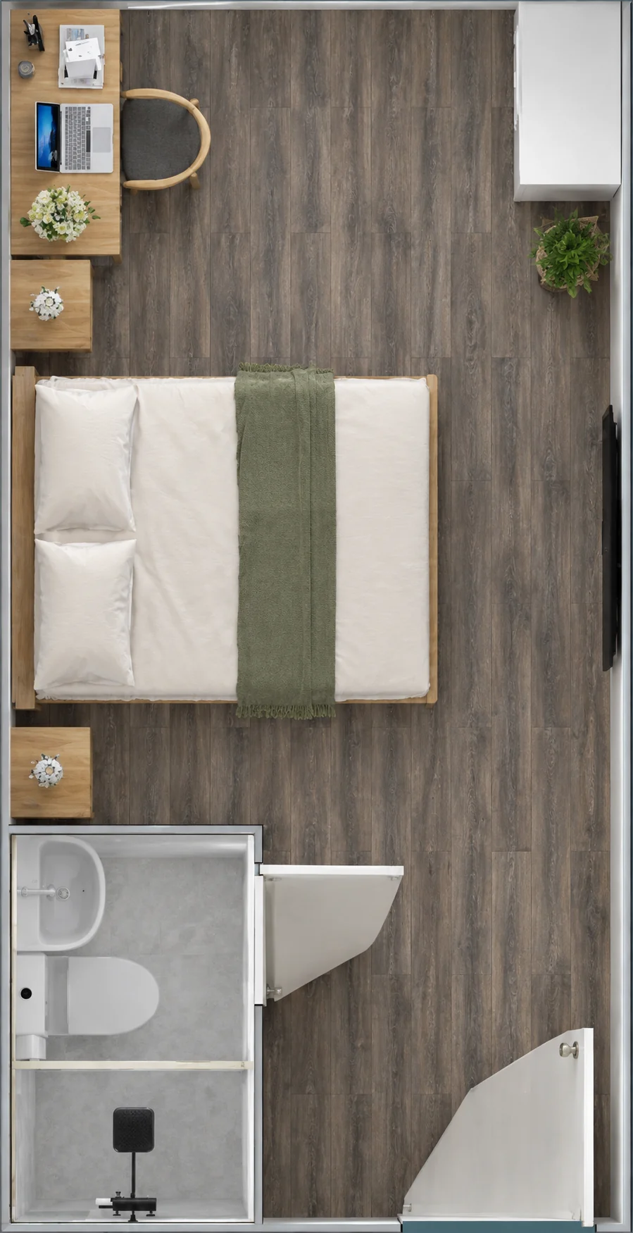 Vue de dessus d'une chambre avec un lit double, un bureau et une salle de bains séparée. Référence de conception.