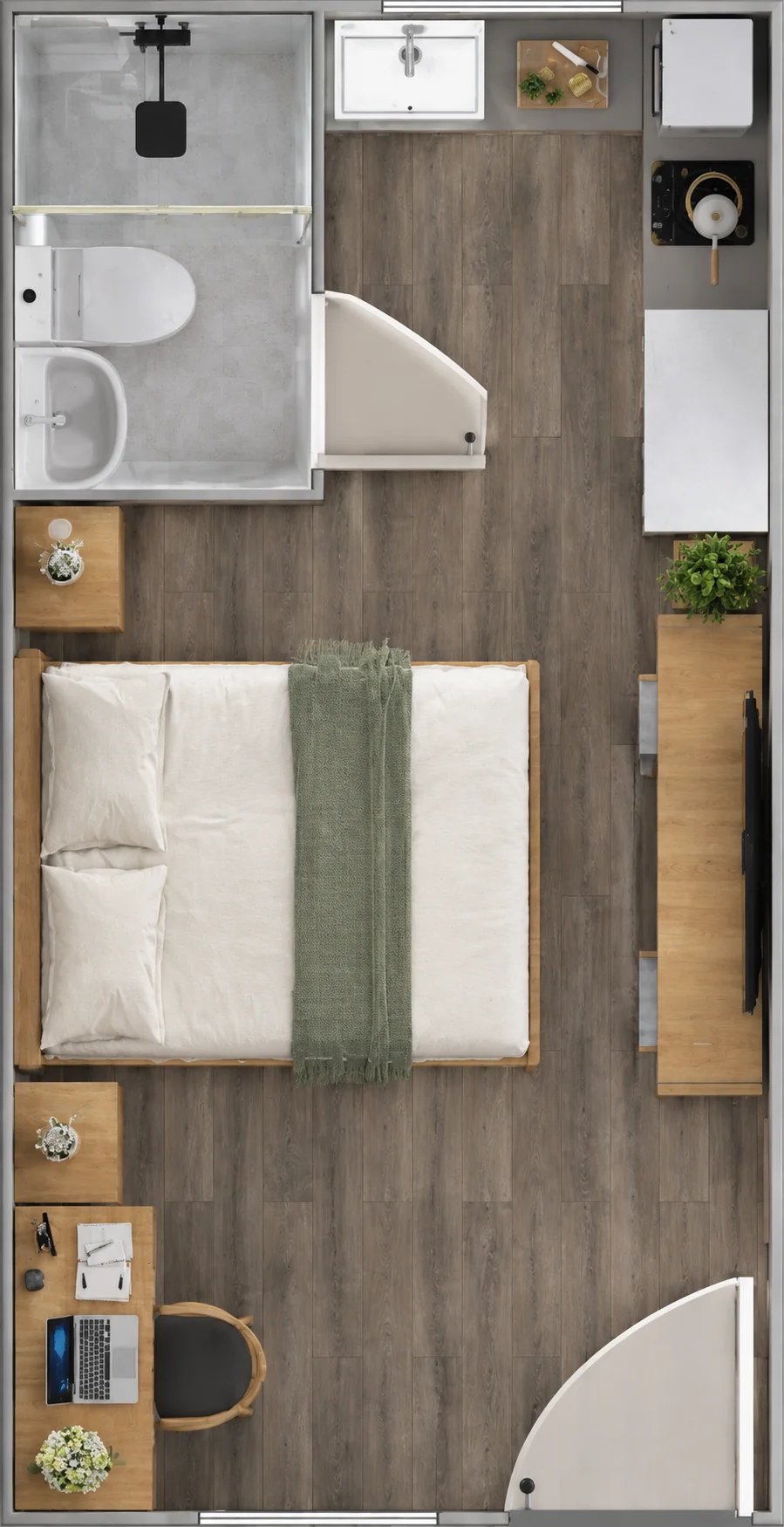 Vue de dessus d'une chambre double avec kitchenette, bureau et salle de bains séparée. Référence de conception.