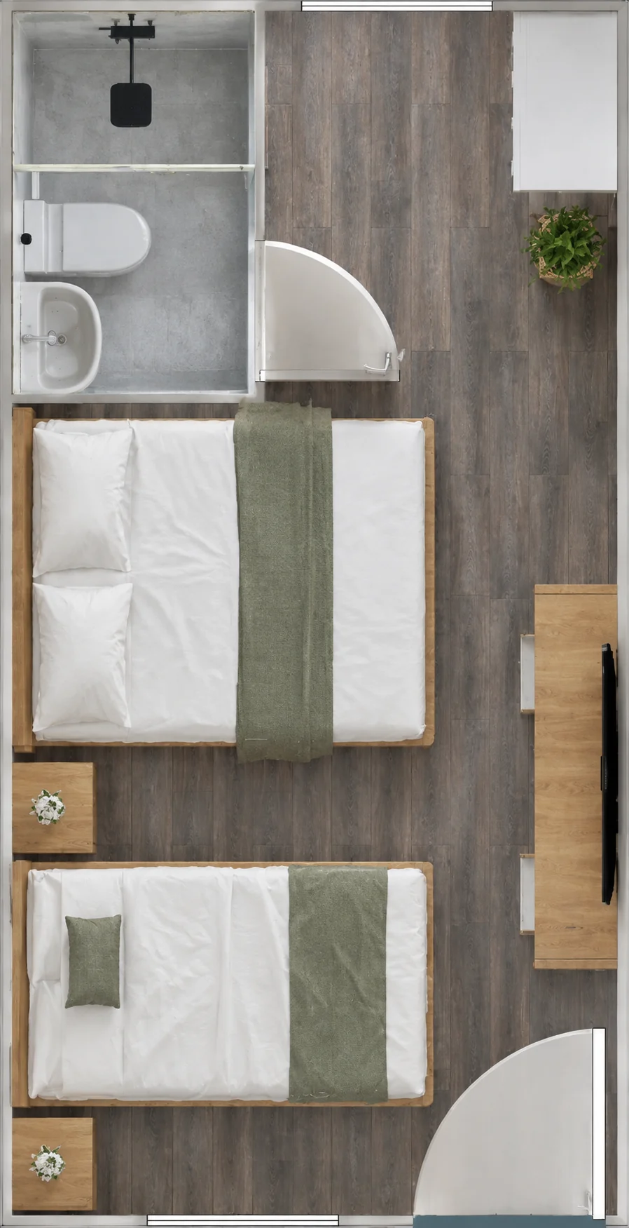 Vue de dessus d'une chambre avec un lit double, un lit simple, un bureau et une salle de bain séparée. Référence de conception.