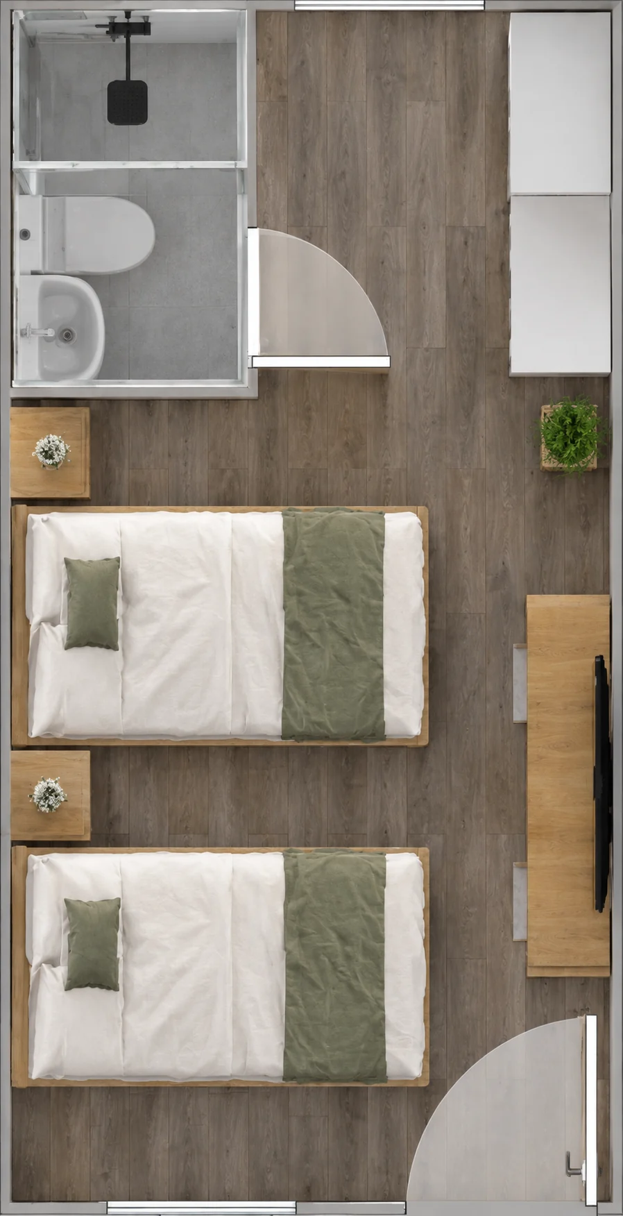 Vue de dessus d'une chambre avec deux lits simples, un bureau et une salle de bain séparée. Référence de conception.
