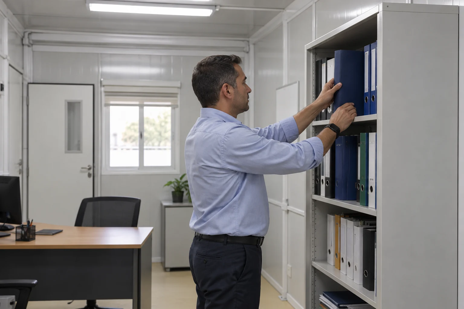 Ein Verwaltungsangestellter holt einen geschlossenen Ordner aus einem Büroregal.