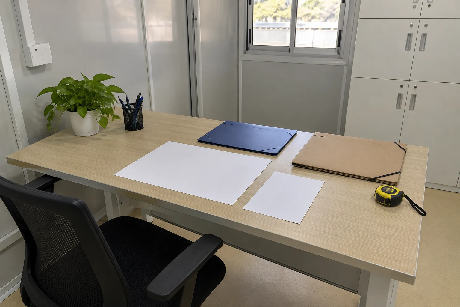 Papierblätter neben größeren Ordnern auf einem Arbeitstisch